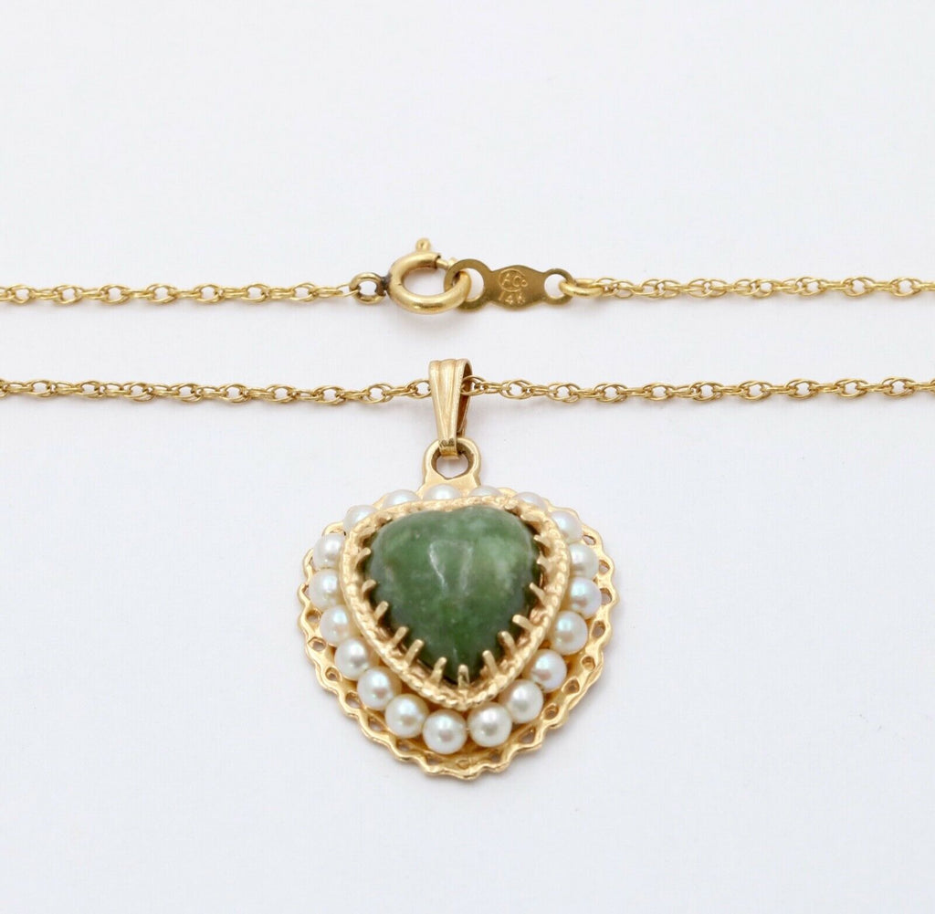 Vintage 14K Yellow Gold Heart Aventurine Pearl Pendant Necklace, Heart Charm