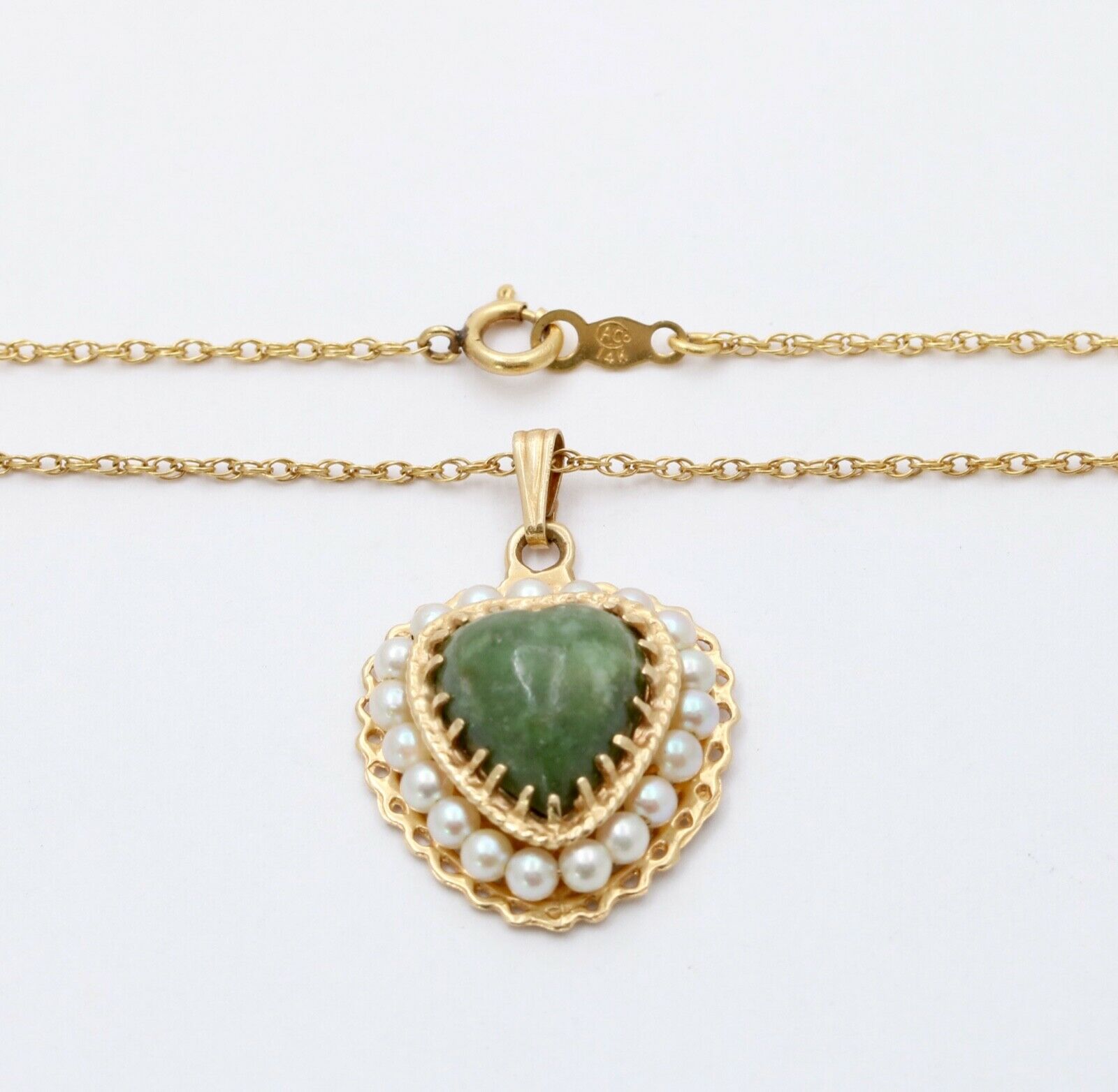 Vintage 14K Yellow Gold Heart Aventurine Pearl Pendant Necklace, Heart Charm