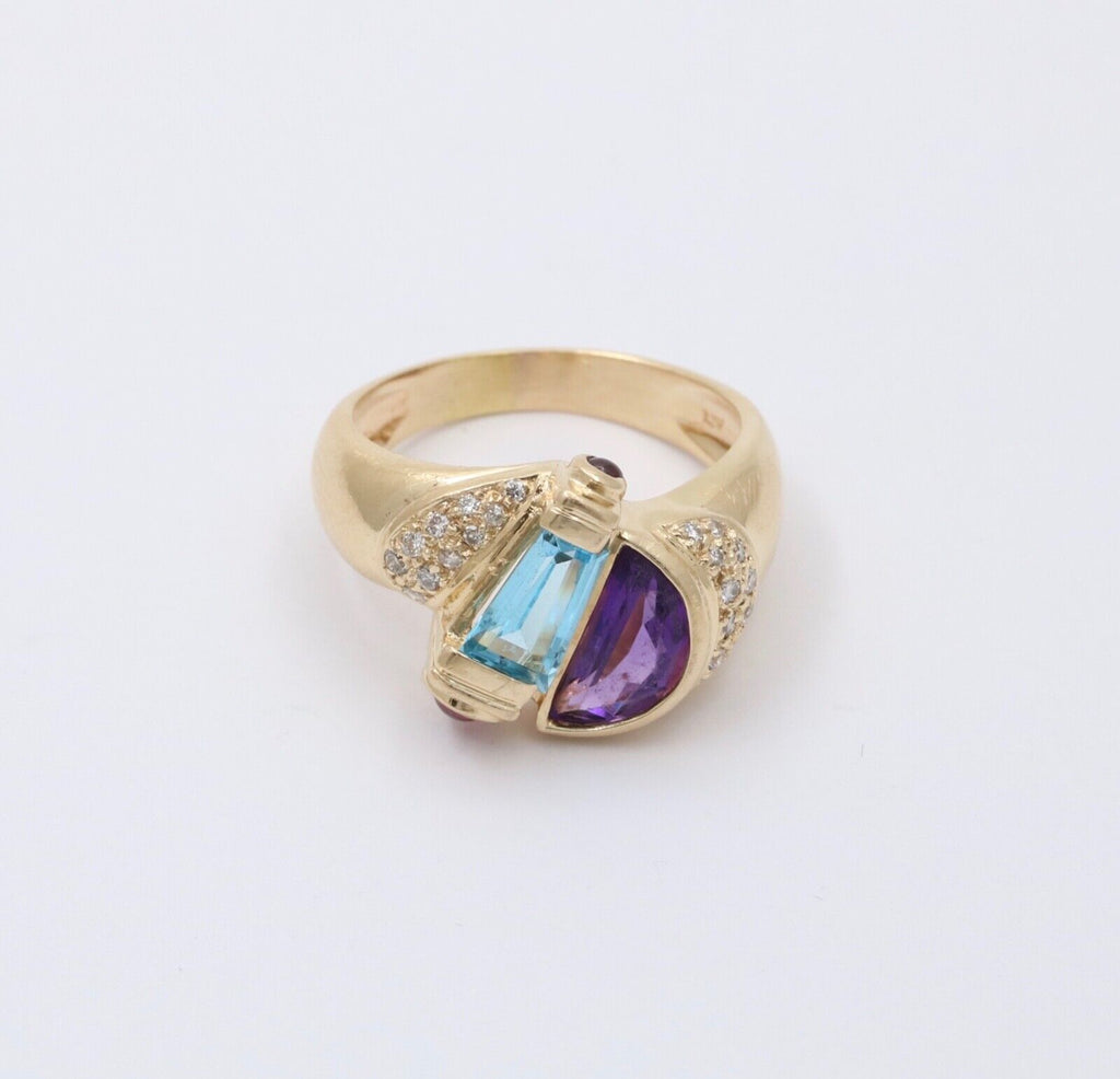 Vintage Geometric Amethyst Blue Topaz Tourmalines Diamonds 14K Yellow Gold Ring