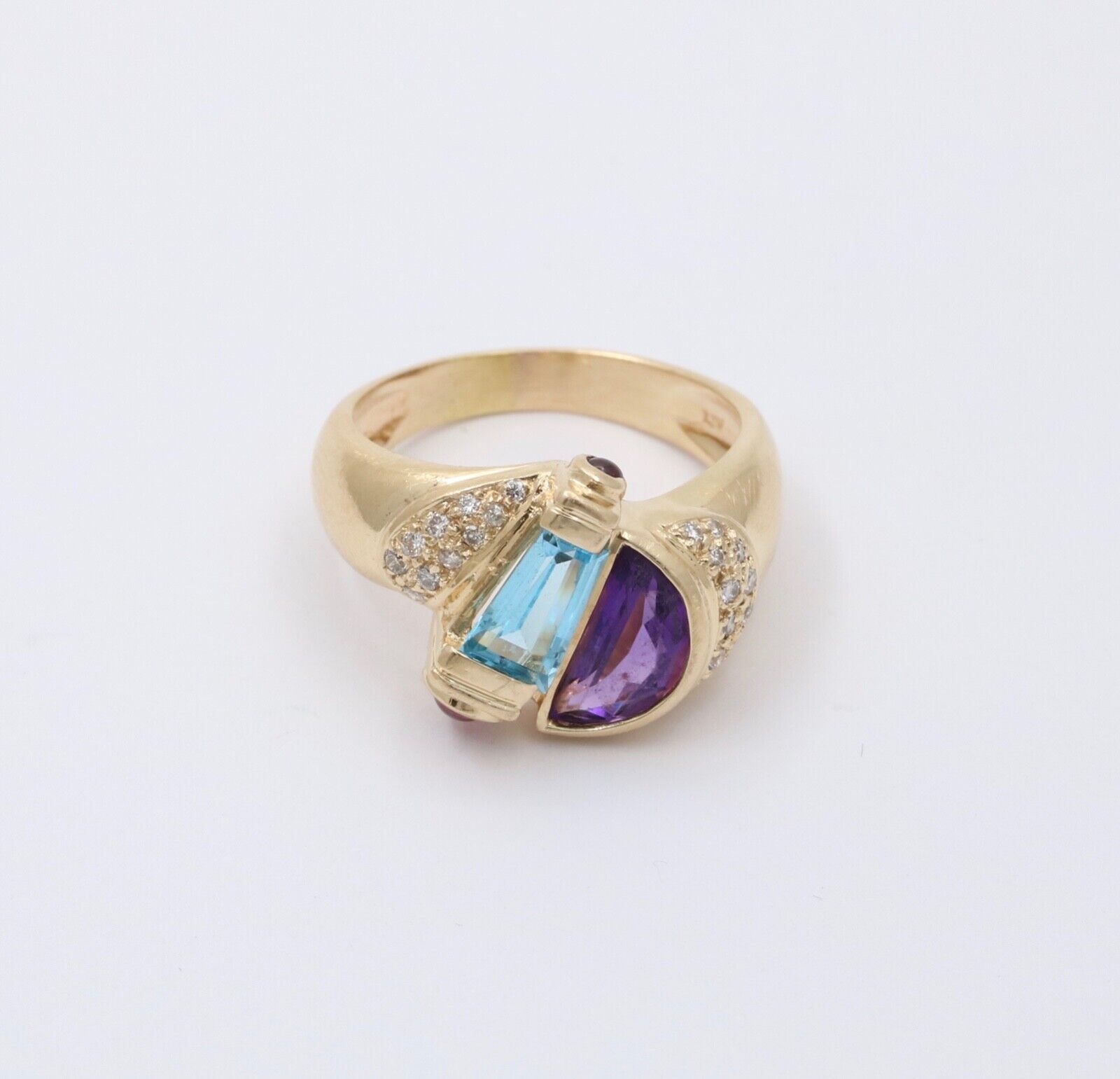 Vintage Geometric Amethyst Blue Topaz Tourmalines Diamonds 14K Yellow Gold Ring