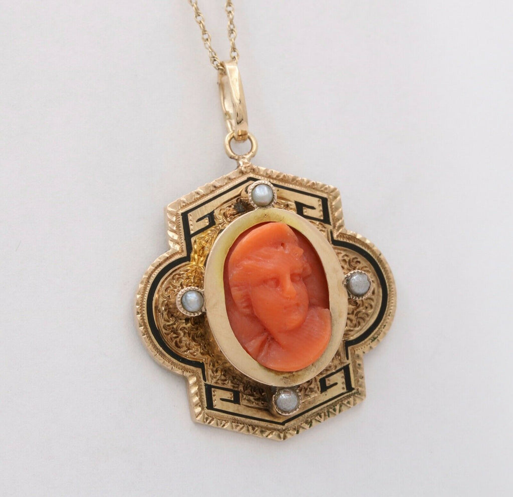 Victorian Coral Portrait Seed Pearls Enamel 14K Yellow Gold Pendant