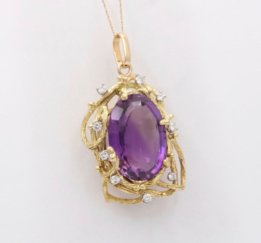 Beautiful Vintage Amethyst Diamonds 18K Yellow Gold Vines Pendant