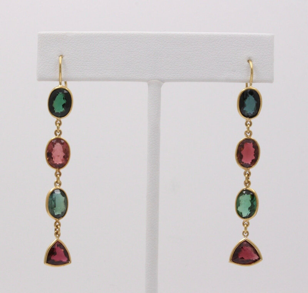 Vintage Pink Green Tourmaline 18K Yellow Gold Dangle Earrings