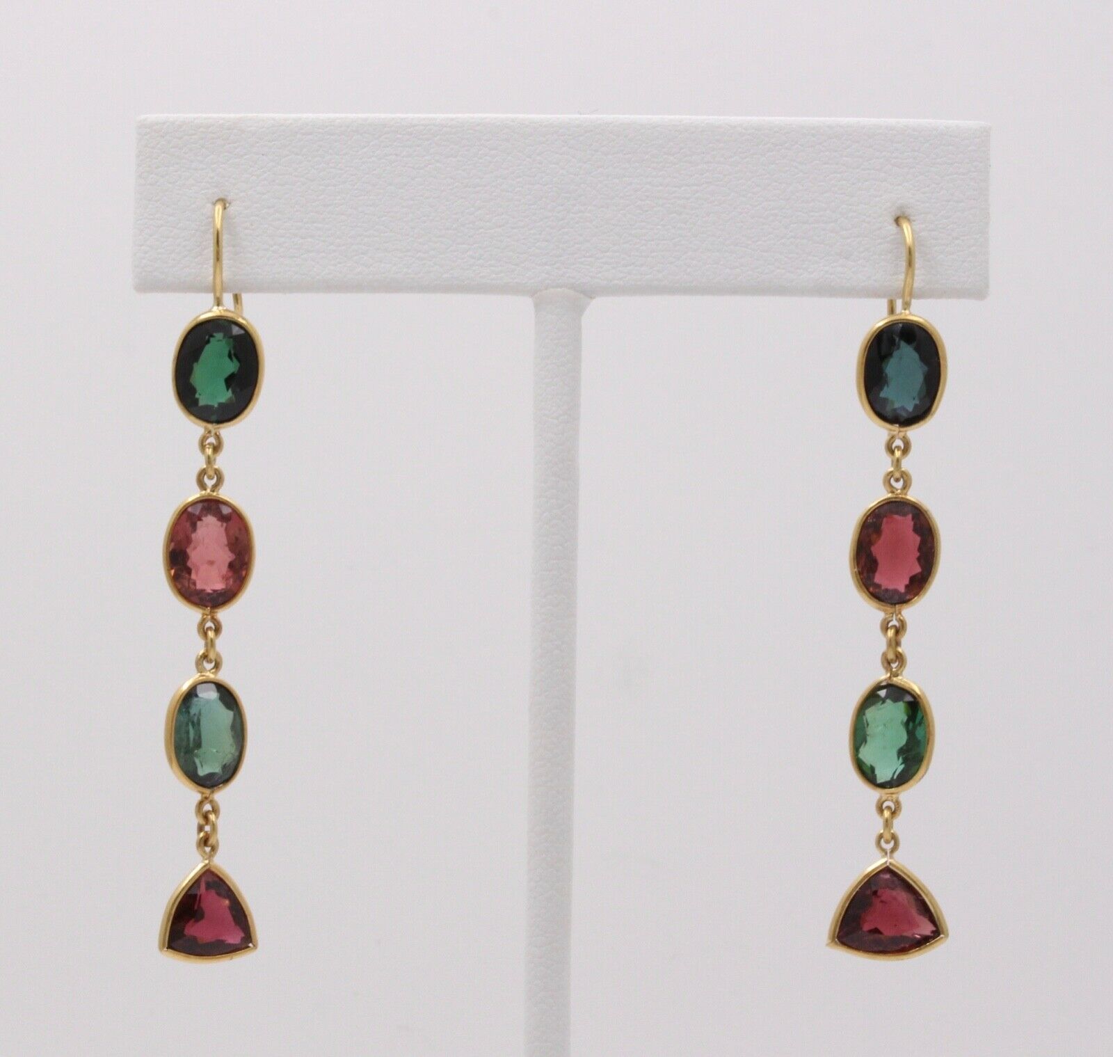 Vintage Pink Green Tourmaline 18K Yellow Gold Dangle Earrings