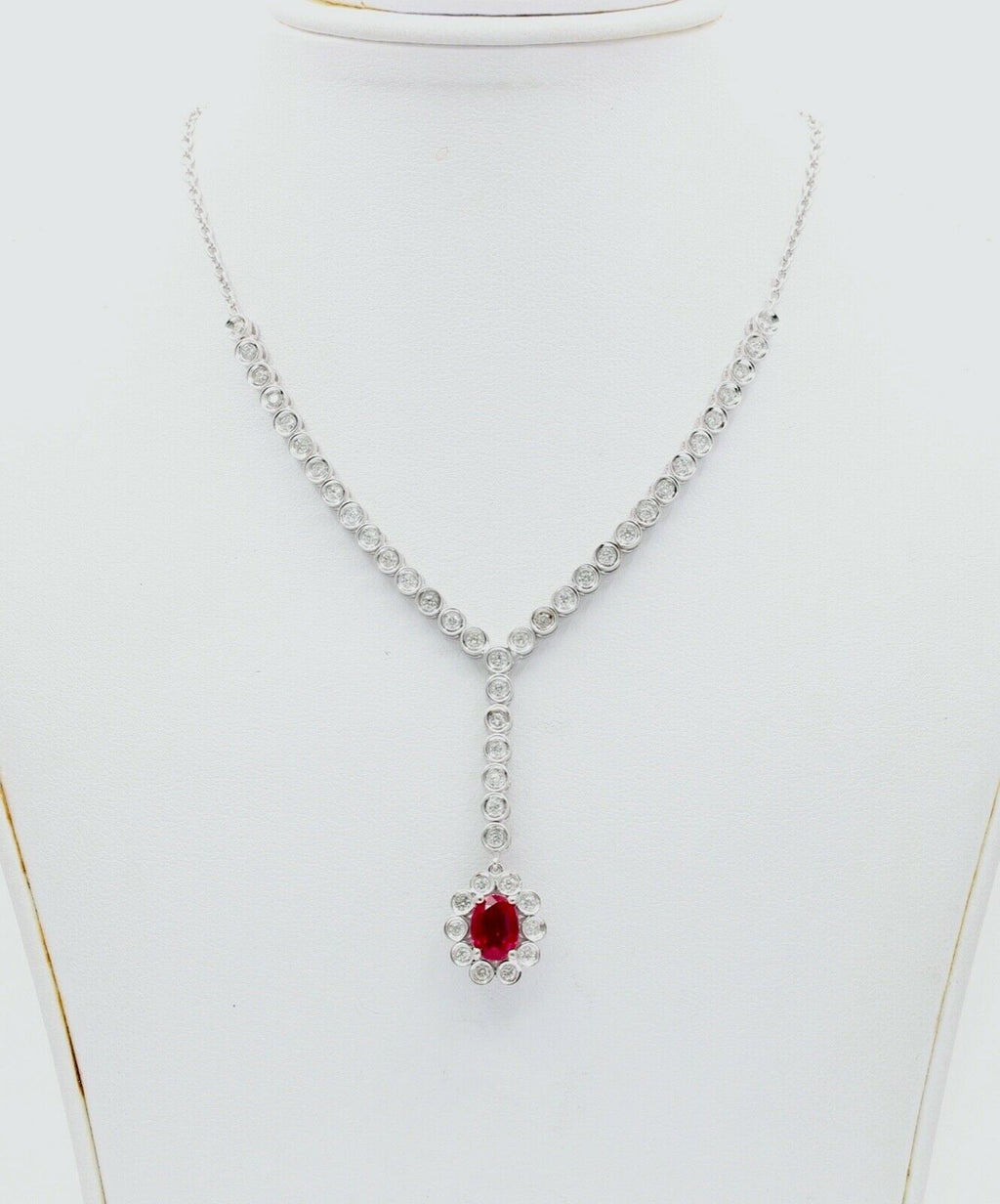 Vintage Ladies Oval Ruby Diamonds 18K White Gold Necklace