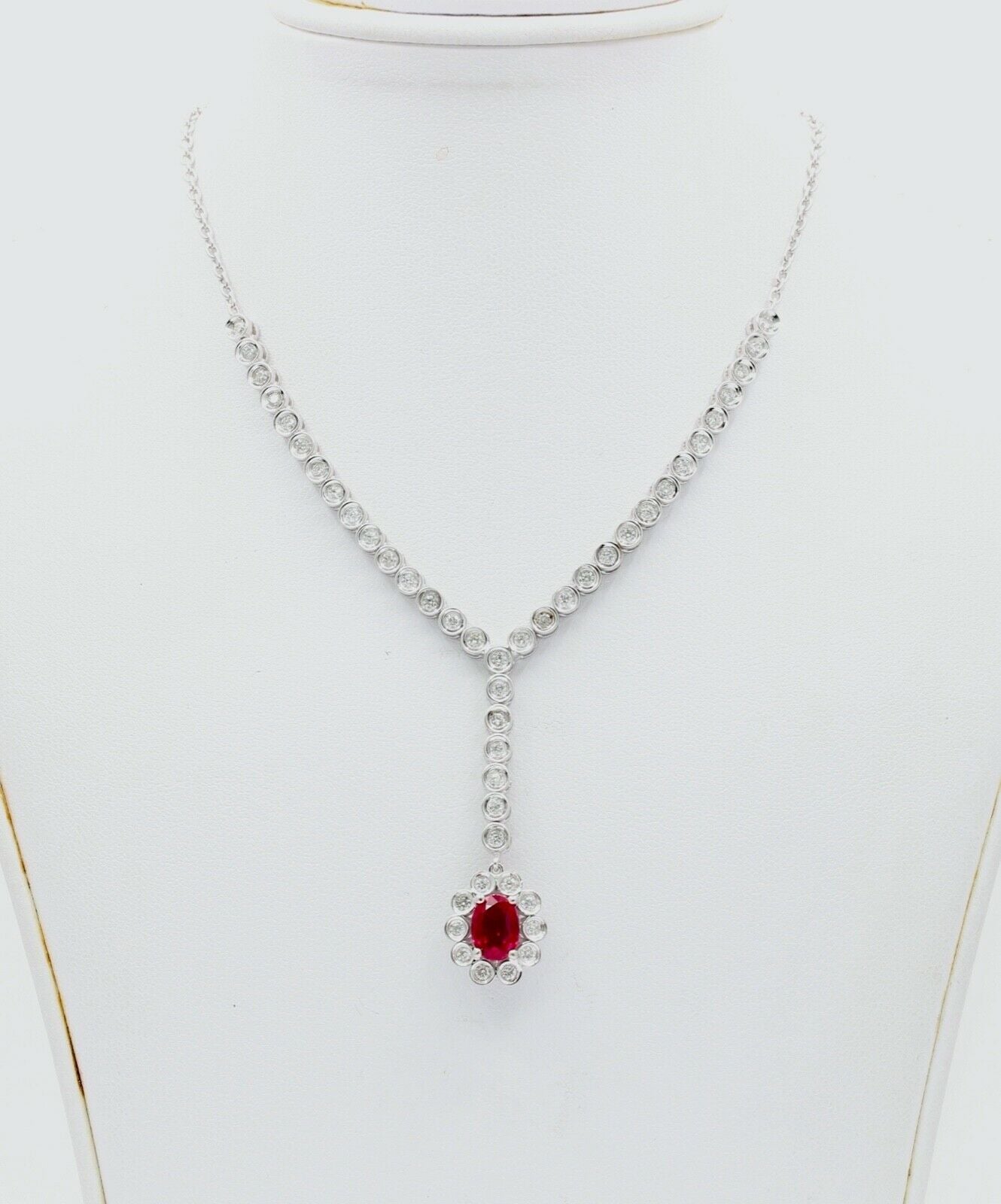 Vintage Ladies Oval Ruby Diamonds 18K White Gold Necklace