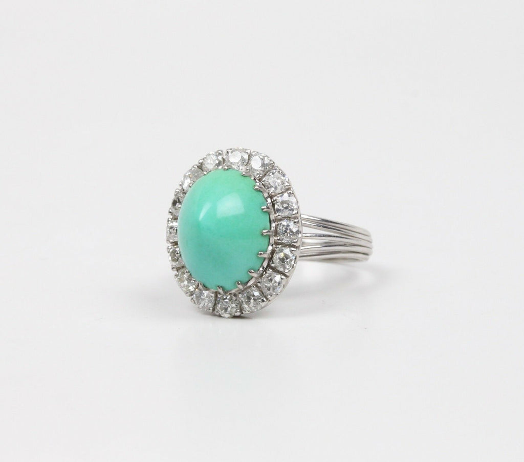 Vintage Turquoise and Diamonds 18K White Gold Ladies Ring