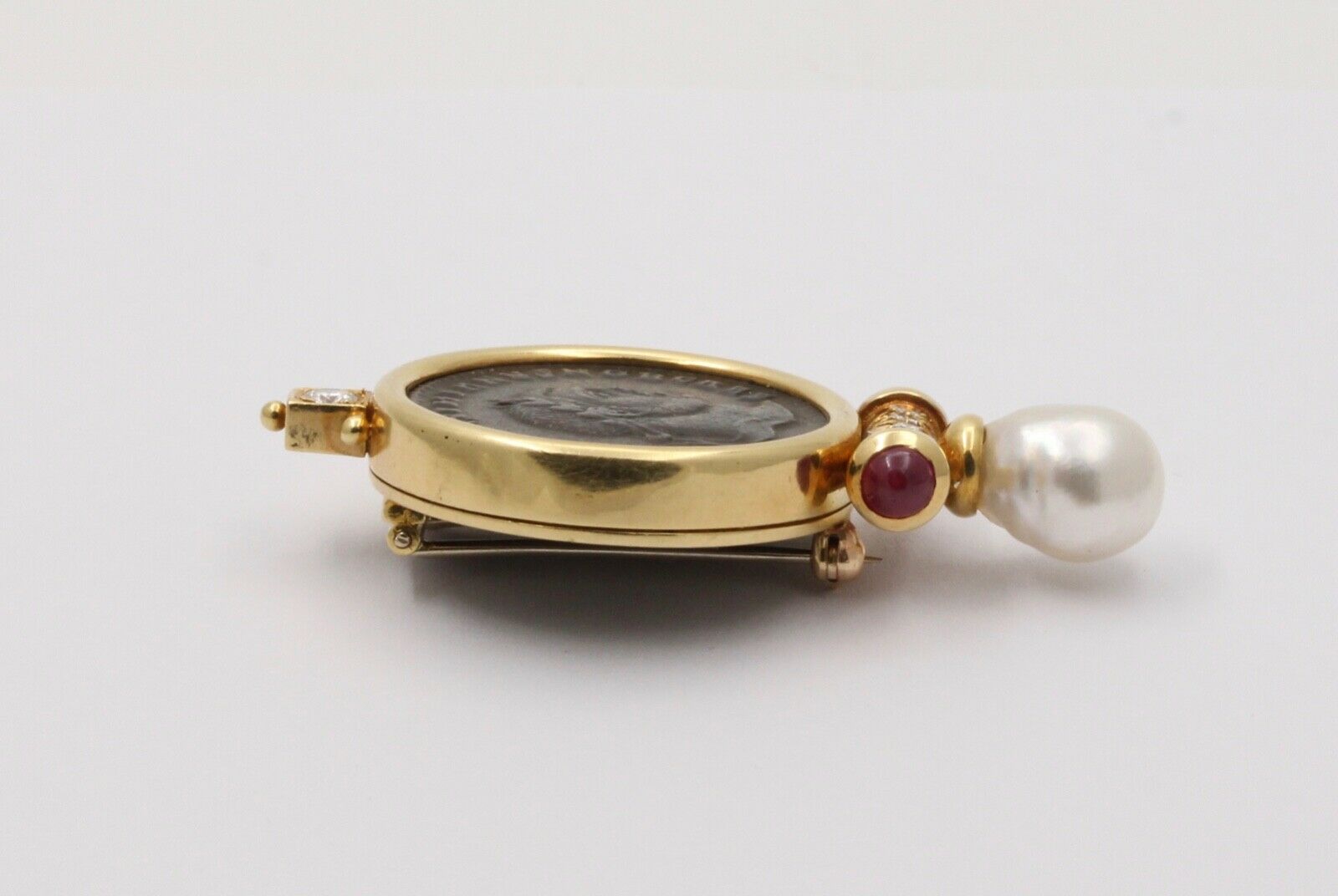 Roman Coin Rubies Diamond Pearl 18K Yellow Gold Brooch Pin