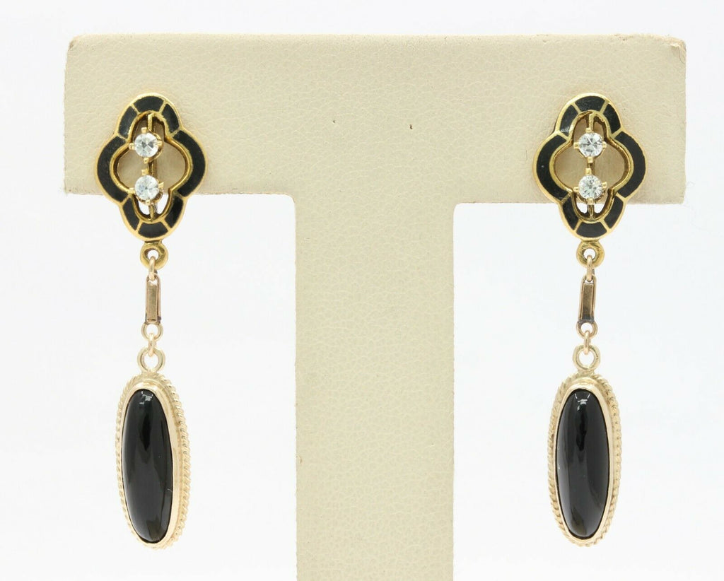 Vintage 14/18K Yellow Gold Enamel Onyx Diamond Hanging Earrings