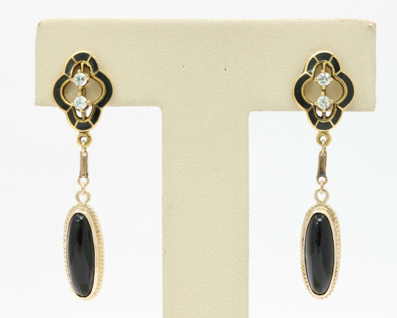 Vintage 14/18K Yellow Gold Enamel Onyx Diamond Hanging Earrings