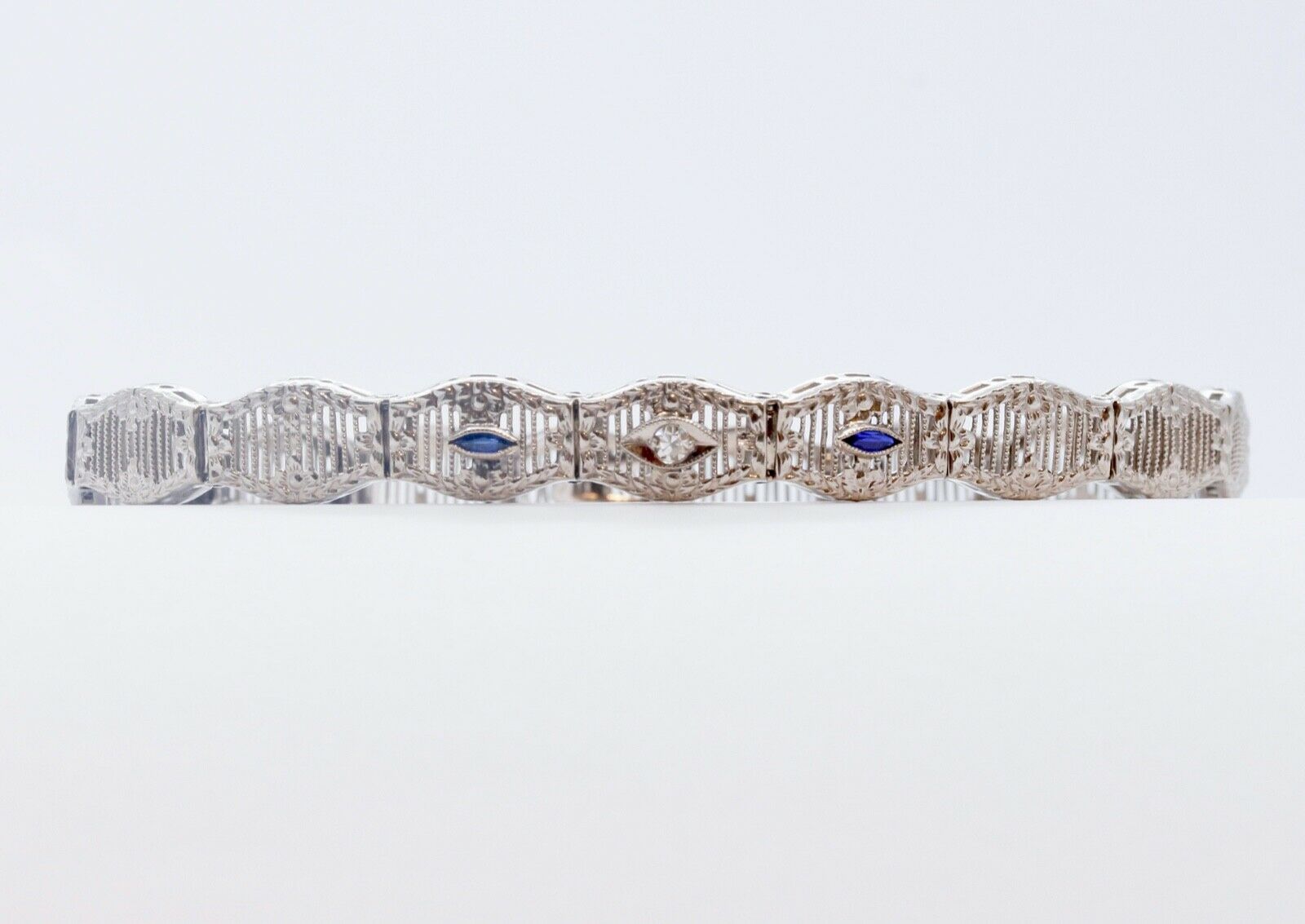 Art Deco Ladies 14K White Gold Diamond Sapphires Bracelet