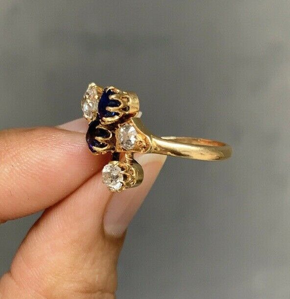 Vintage 18K Gold Chunky Old Mine Cut Diamond & Sapphire Snake Wrap Bypass Ring.
