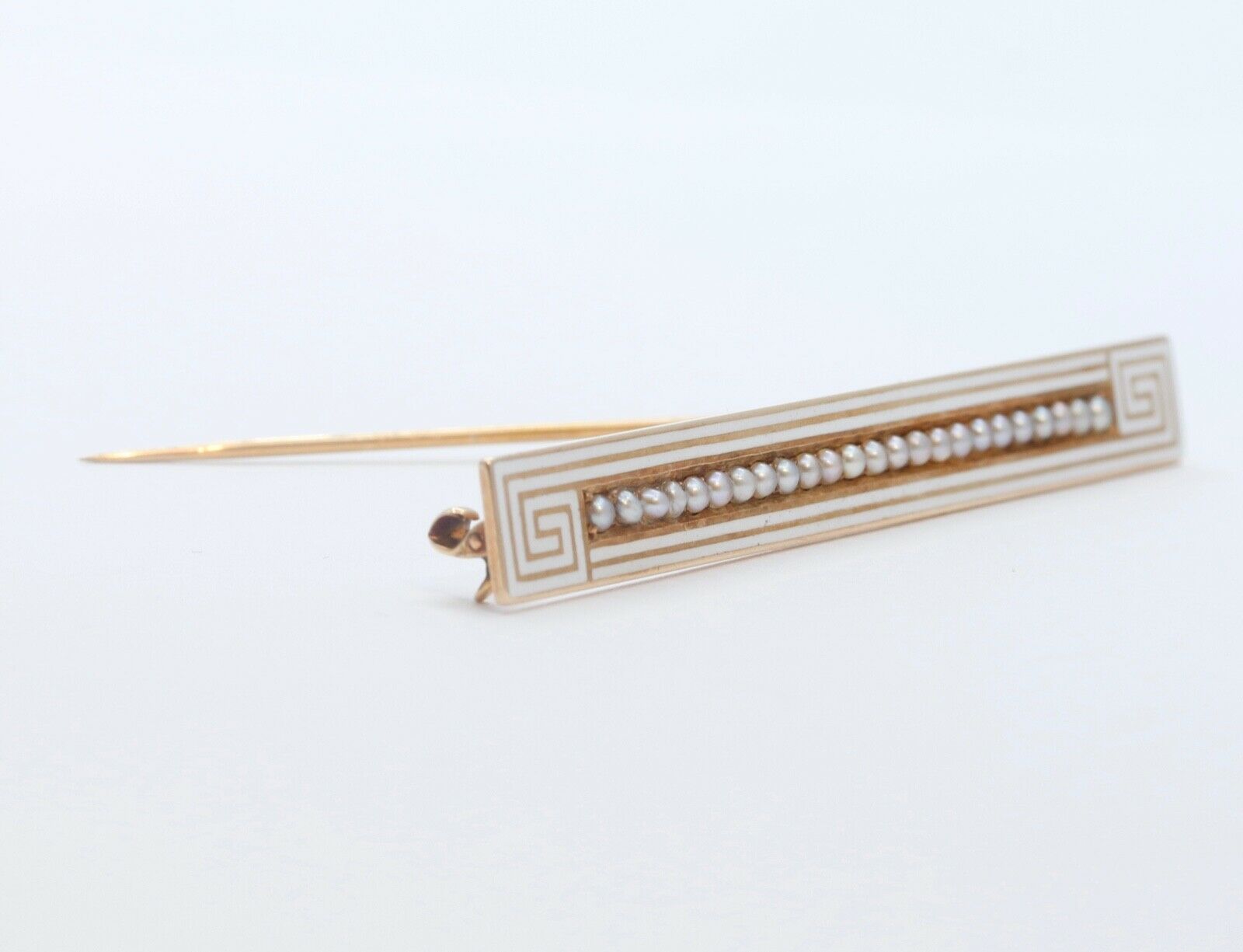 Art Deco Seed Pearls White Enamel 14K Yellow Gold Bar Brooch Pin