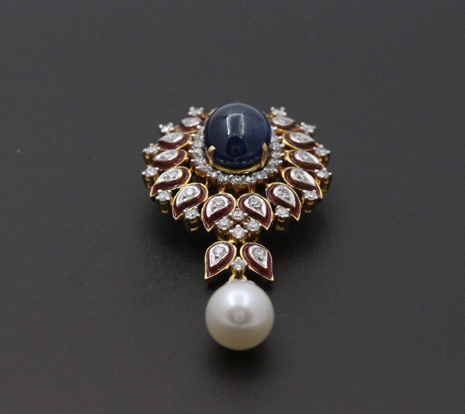 Gorgeous 18K Yellow Gold Cabochon Sapphire, Pearl And Diamond Pendant