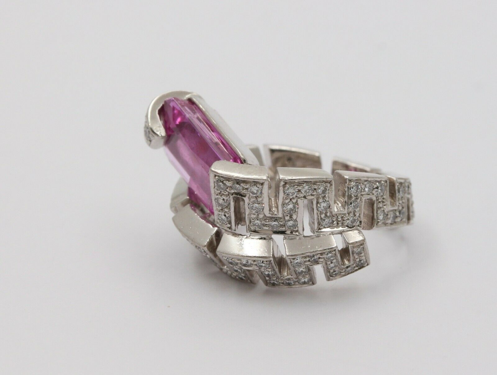 Amazing Rectangle Pink Topaz Spiral Snake Platinum Ring, Statement Ring