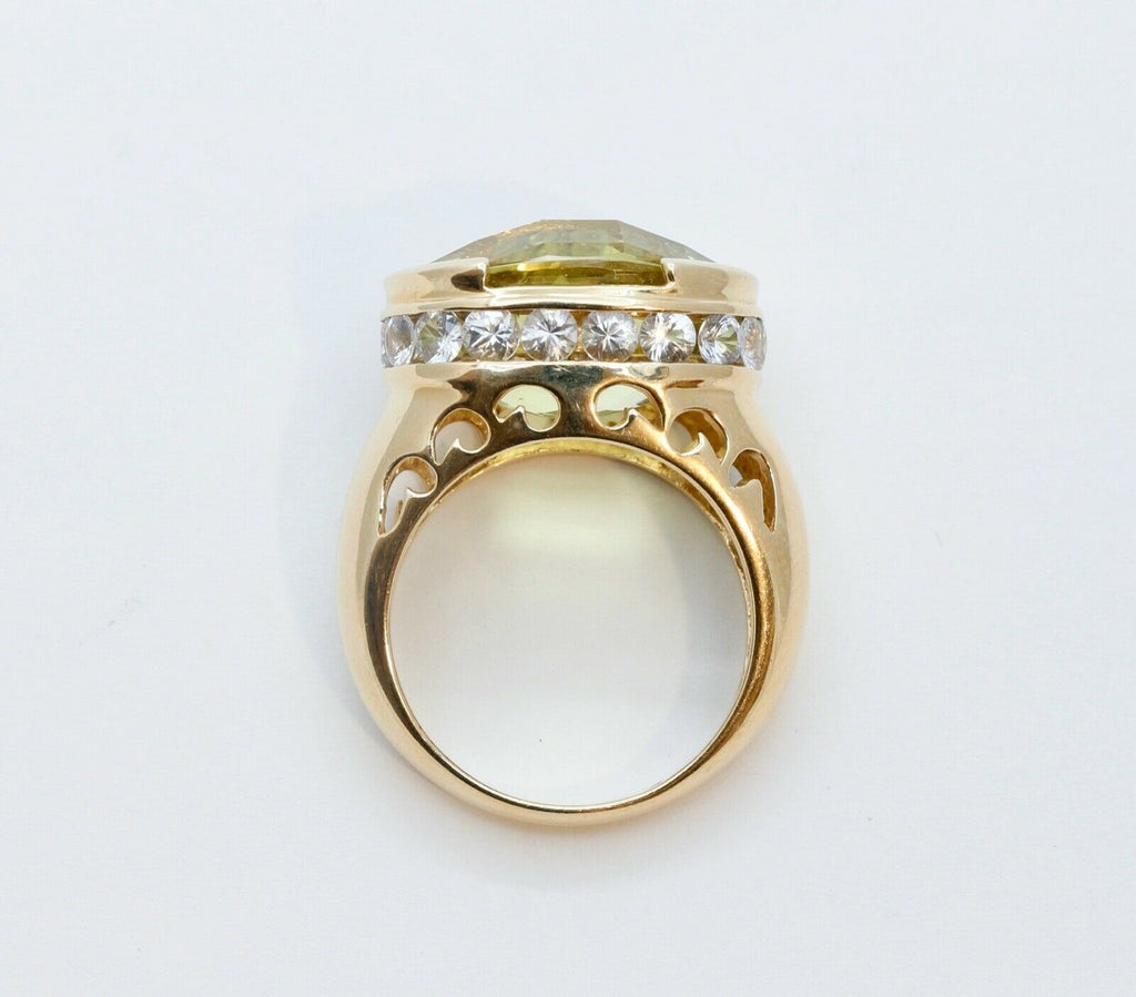 Large Statement Ladies Lemon Green Quartz Diamonds 14K Yellow Gold Ring