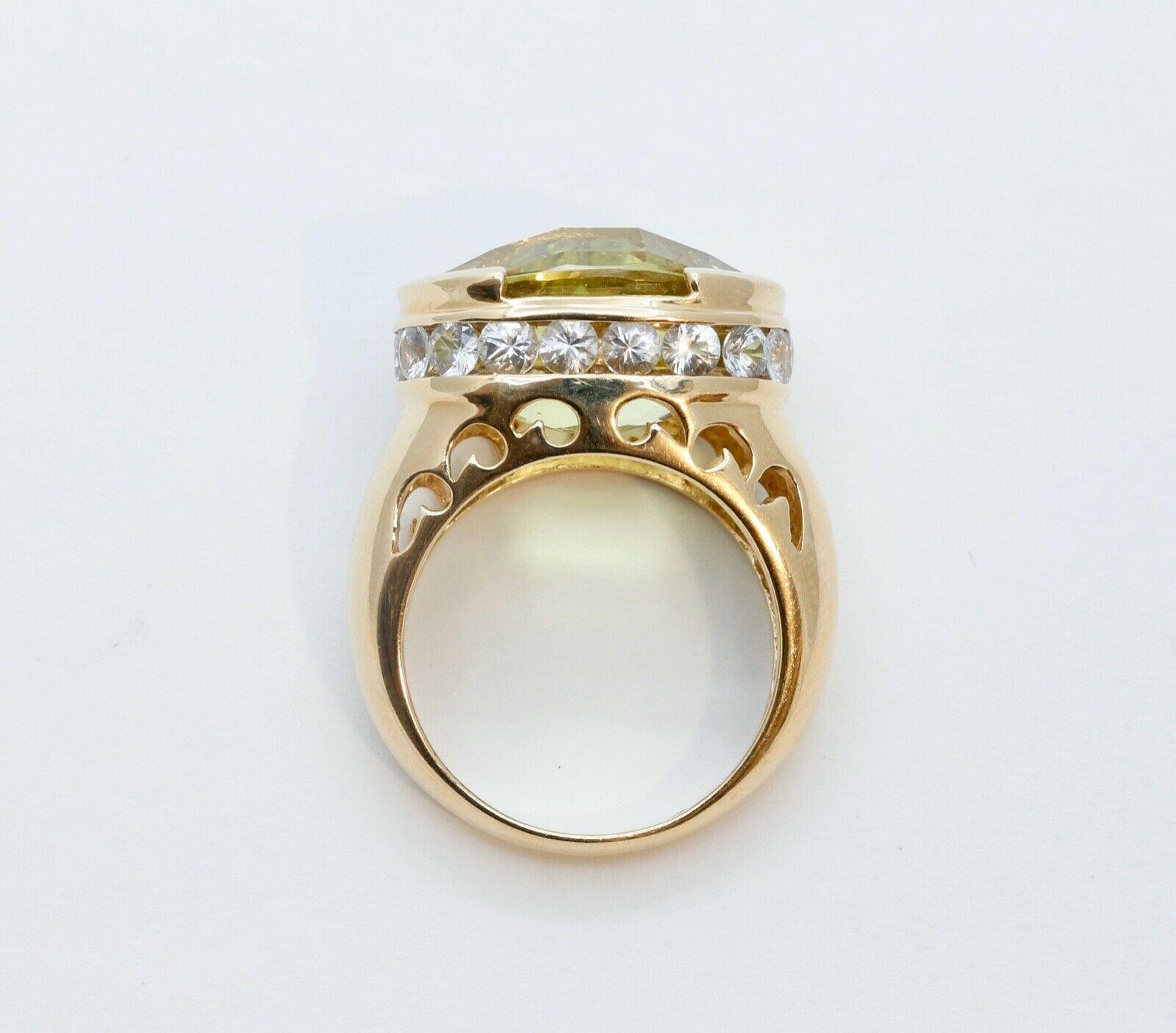 Large Statement Ladies Lemon Green Quartz Diamonds 14K Yellow Gold Ring