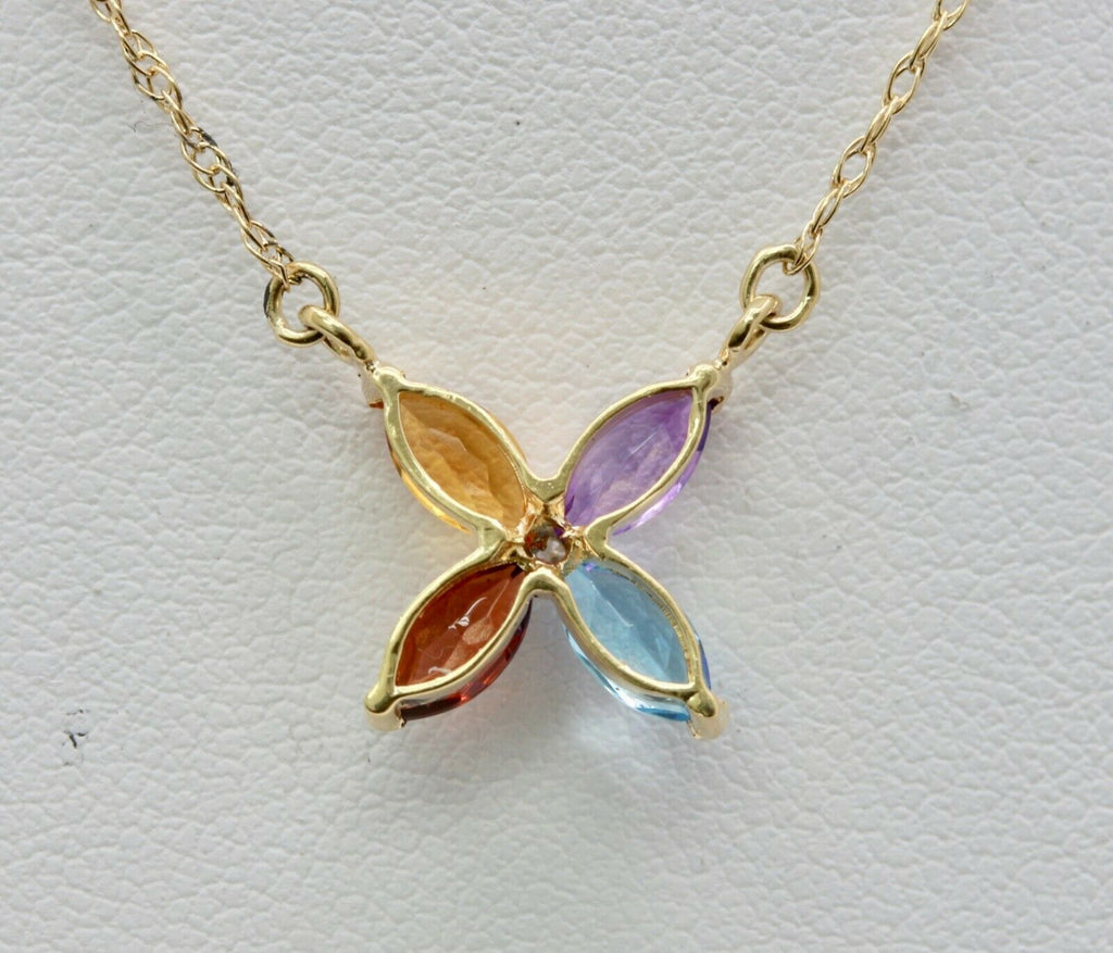 Vintage 14K Yellow Gold Four Leaf Flower Multi Stone Diamond Pendant