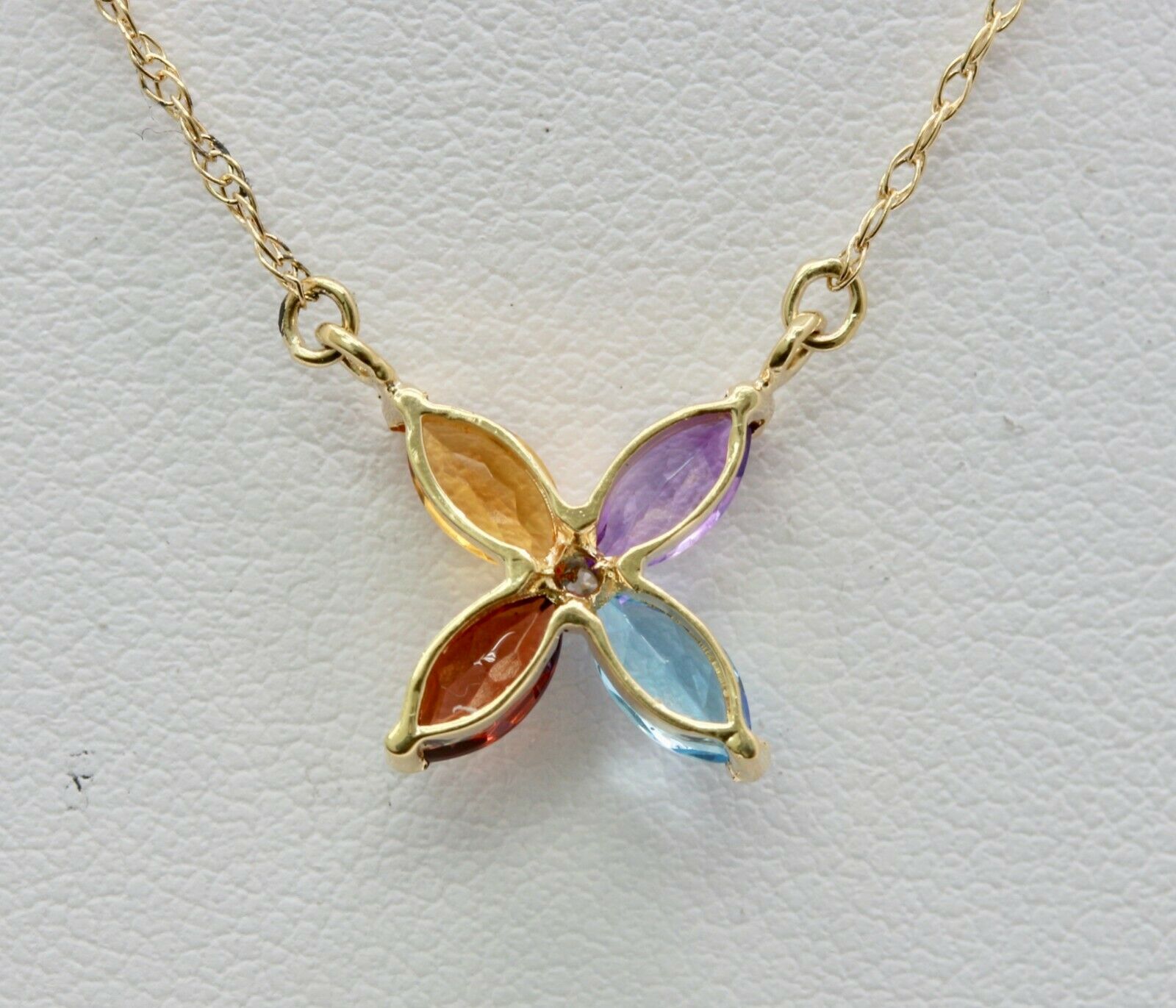 Vintage 14K Yellow Gold Four Leaf Flower Multi Stone Diamond Pendant