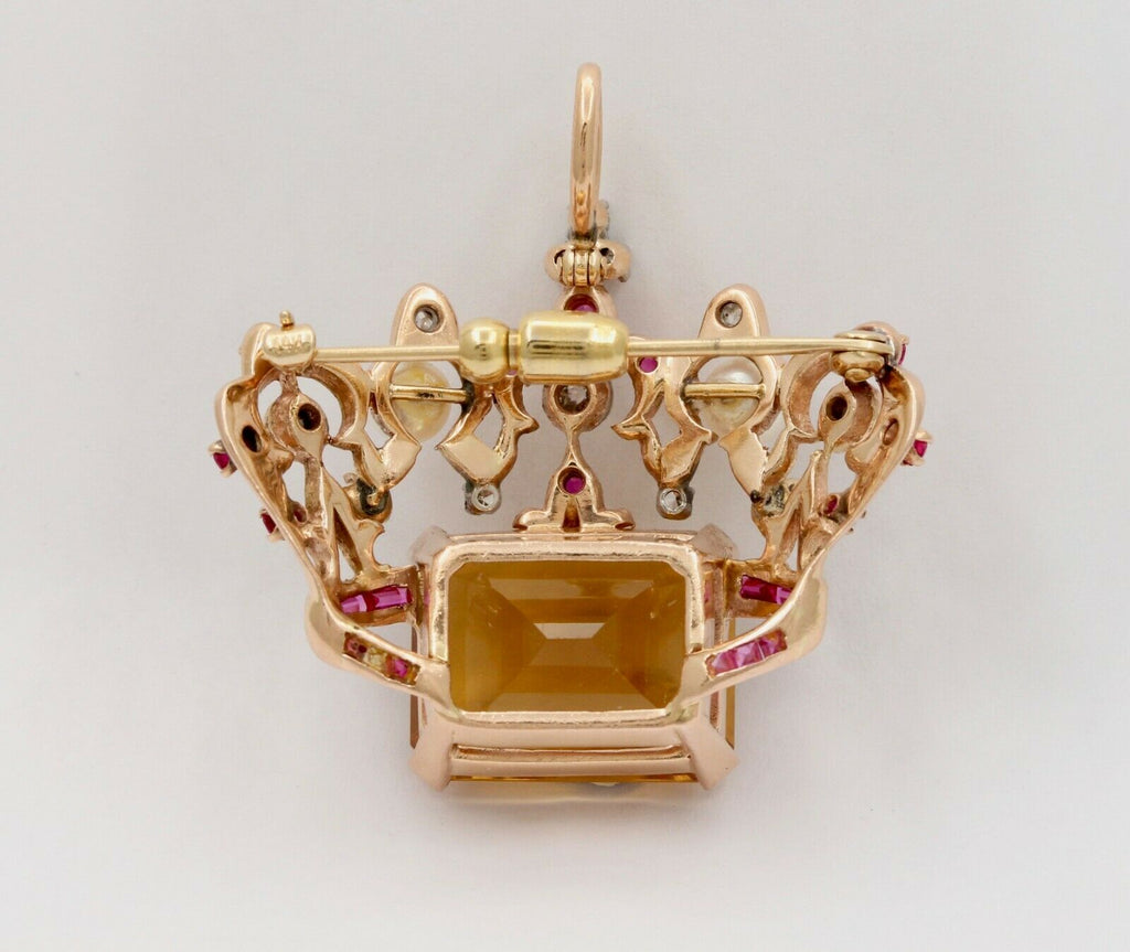 Vintage Retro 14K Rose Gold Royal Crown Citrine Ruby Diamond Pearl Brooch