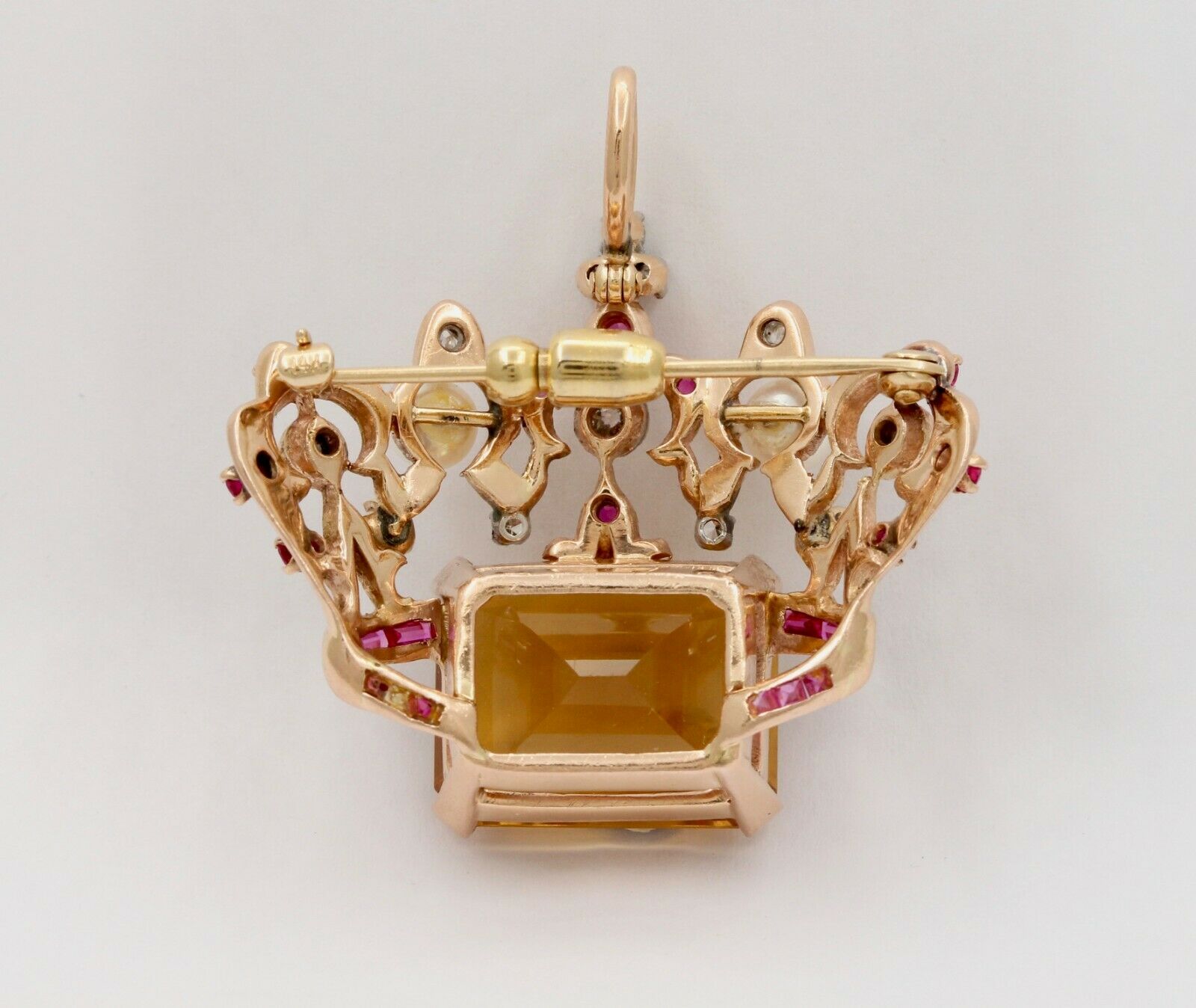Vintage Retro 14K Rose Gold Royal Crown Citrine Ruby Diamond Pearl Brooch