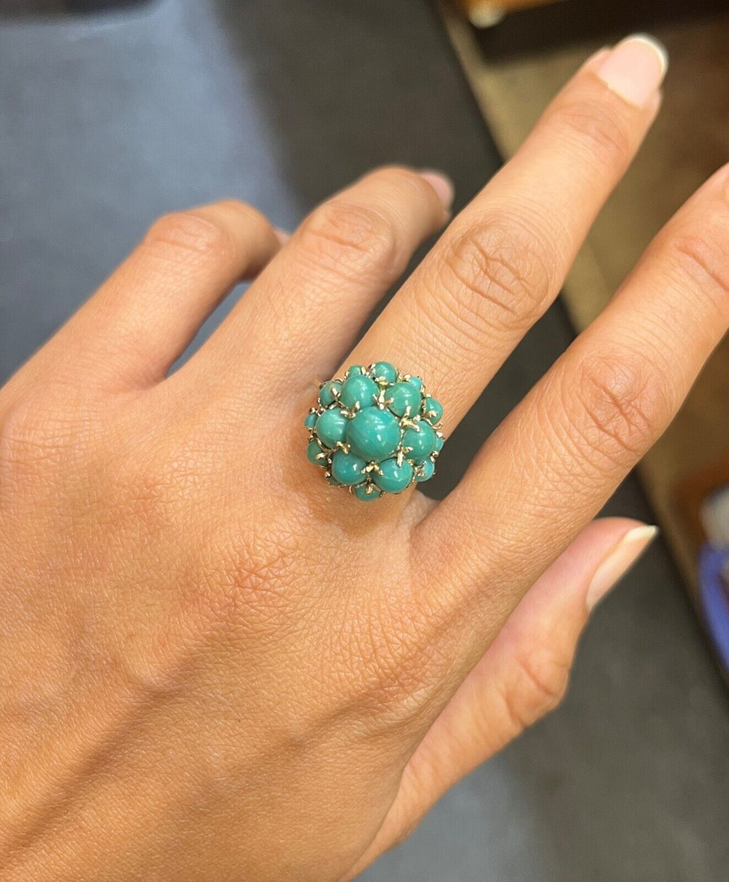 Vintage 18K Gold Dome Cluster Turquoise Ring