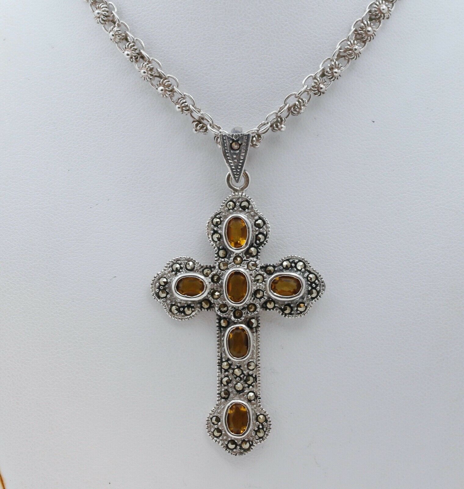 Navajo Citrine Marcasite Sterling Silver Cross Pendant
