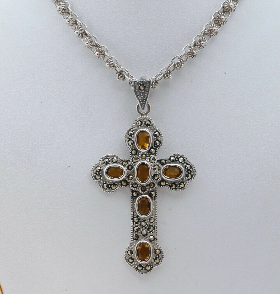 Navajo Citrine Marcasite Sterling Silver Cross Pendant