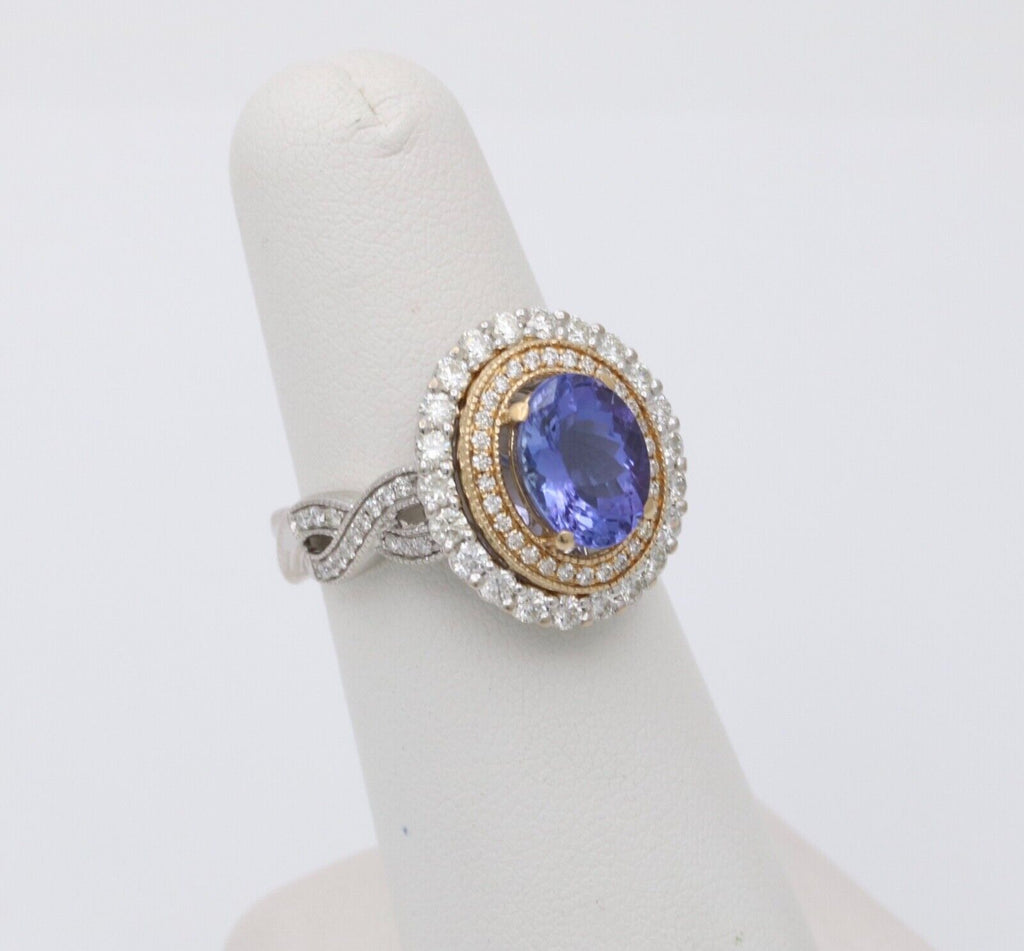 Vintage Tanzanite And Diamond Halo 14K White Gold Ring
