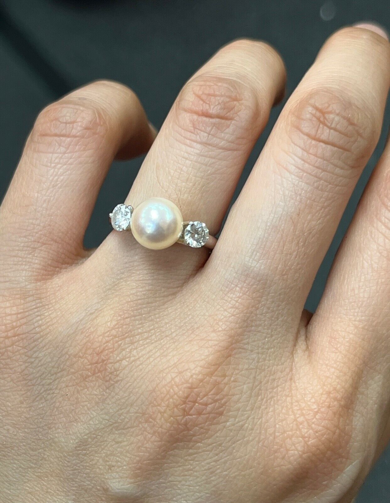Classic Vintage 18K White Gold Akoya Pearl Diamond Ring,