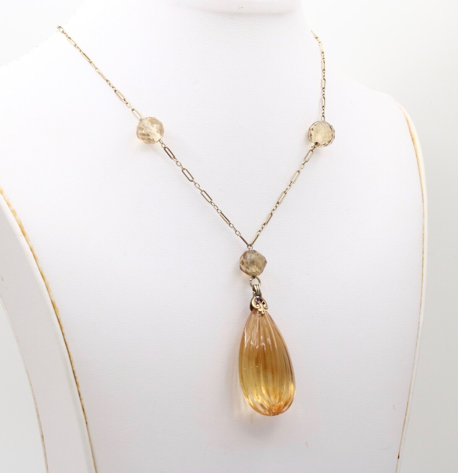 Vintage 14K Yellow Gold Carved Citrine Pendant and Necklace