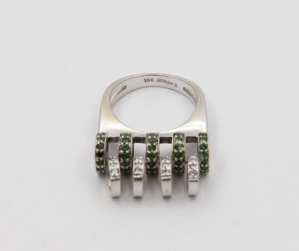 Sonia B 18K White Gold Interactive Diamonds and Green Garnet Movable Ring Band.