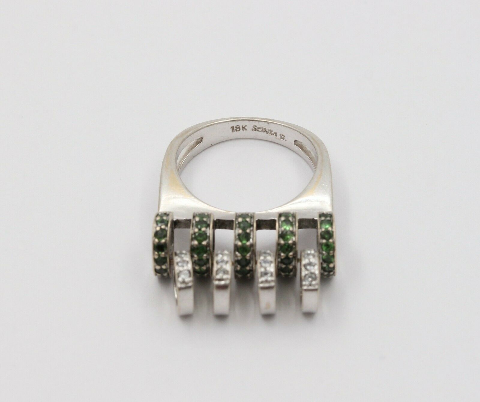 Sonia B 18K White Gold Interactive Diamonds and Green Garnet Movable Ring Band.