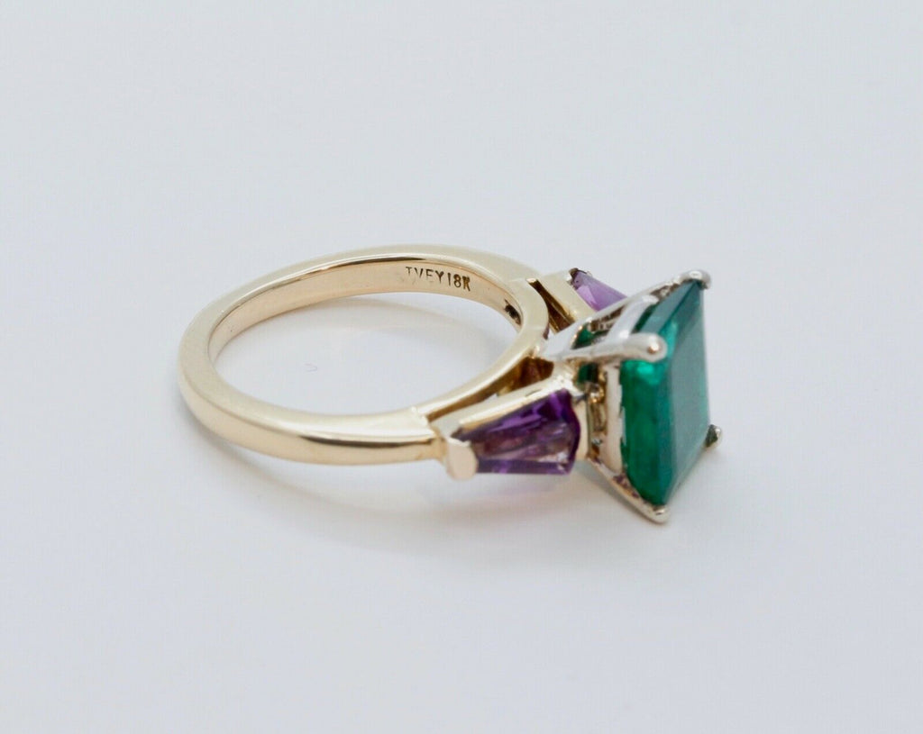Vintage Emerald Amethyst 18K Yellow Gold Ring