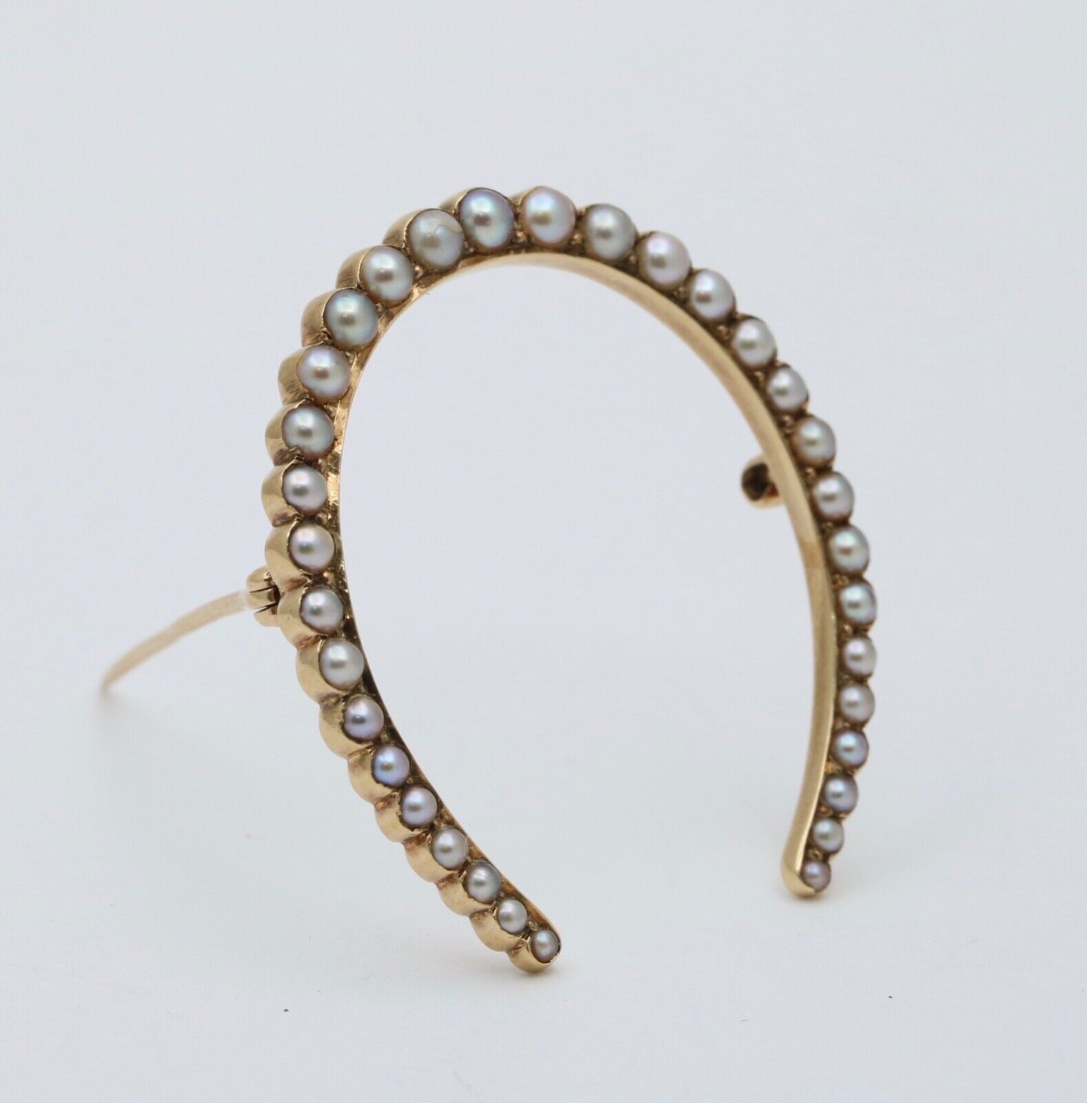 Antique Edwardian 14K Yellow Gold Pearl Horseshoe Brooch