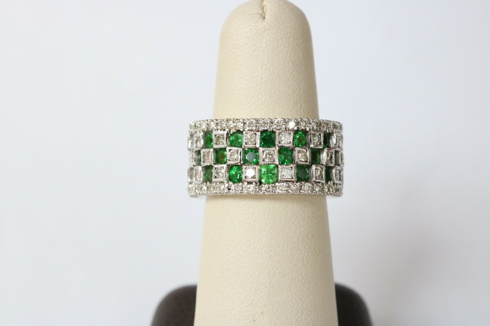 Vintage Checkerboard Tsavorite Garnet and Diamond 18K White Gold Ring