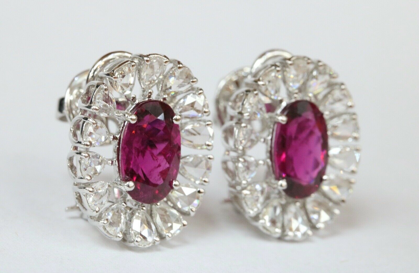 Pink Tourmaline Rose Cut Diamonds 18K White Gold Earrings