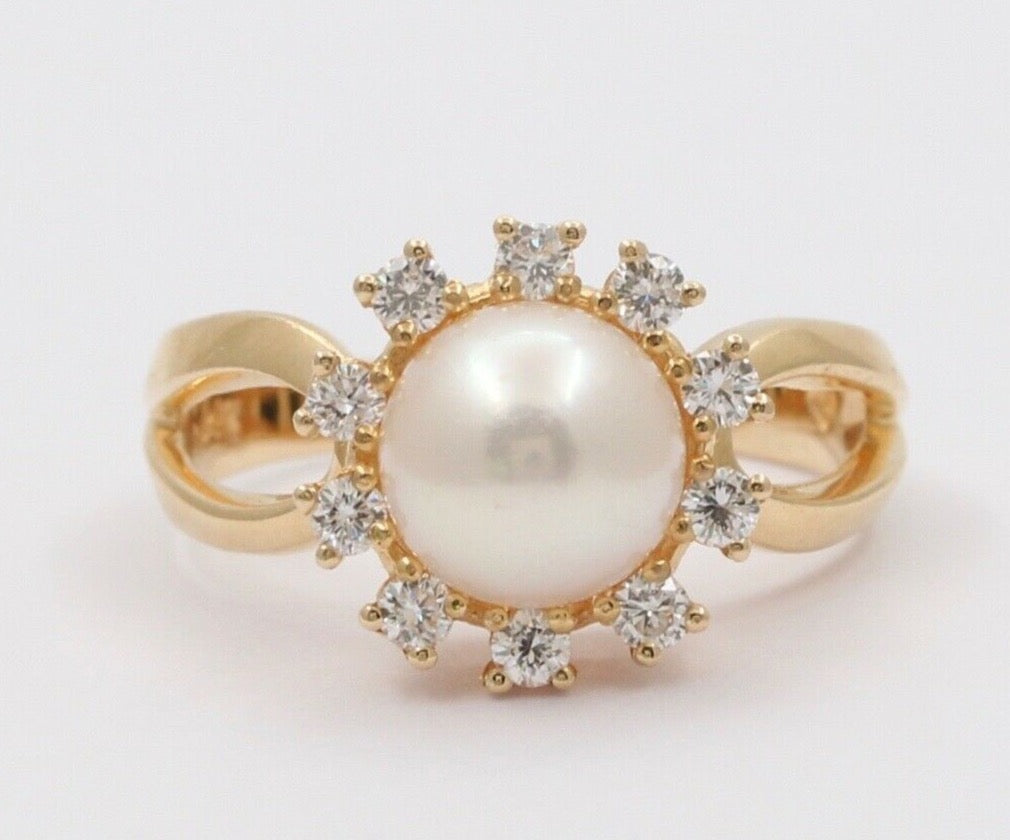 Mikimoto Vintage Pearl Diamonds 14K Yellow Gold Ring