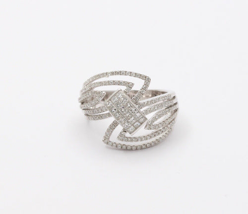 Mid Century 18K White Gold Diamond Bypass Ring, Engagement Ring