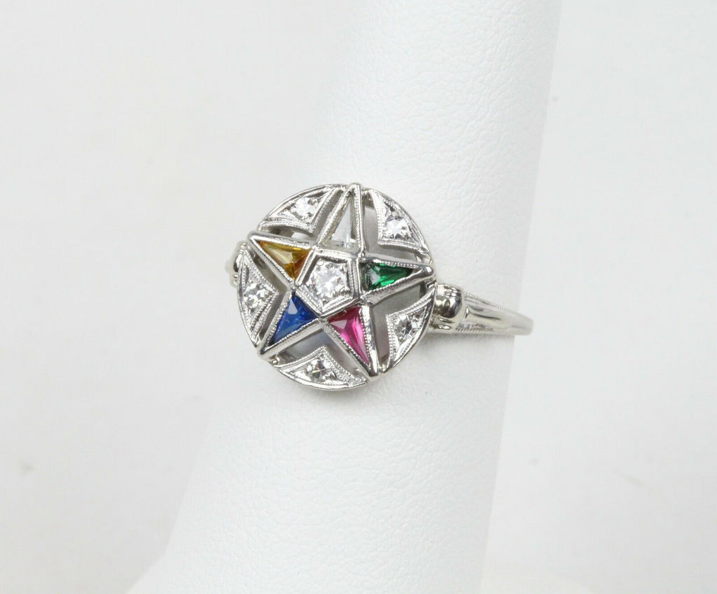 Art Deco Eastern Star 14K White Gold Diamonds Ruby Emerald Sapphire Topaz Ring