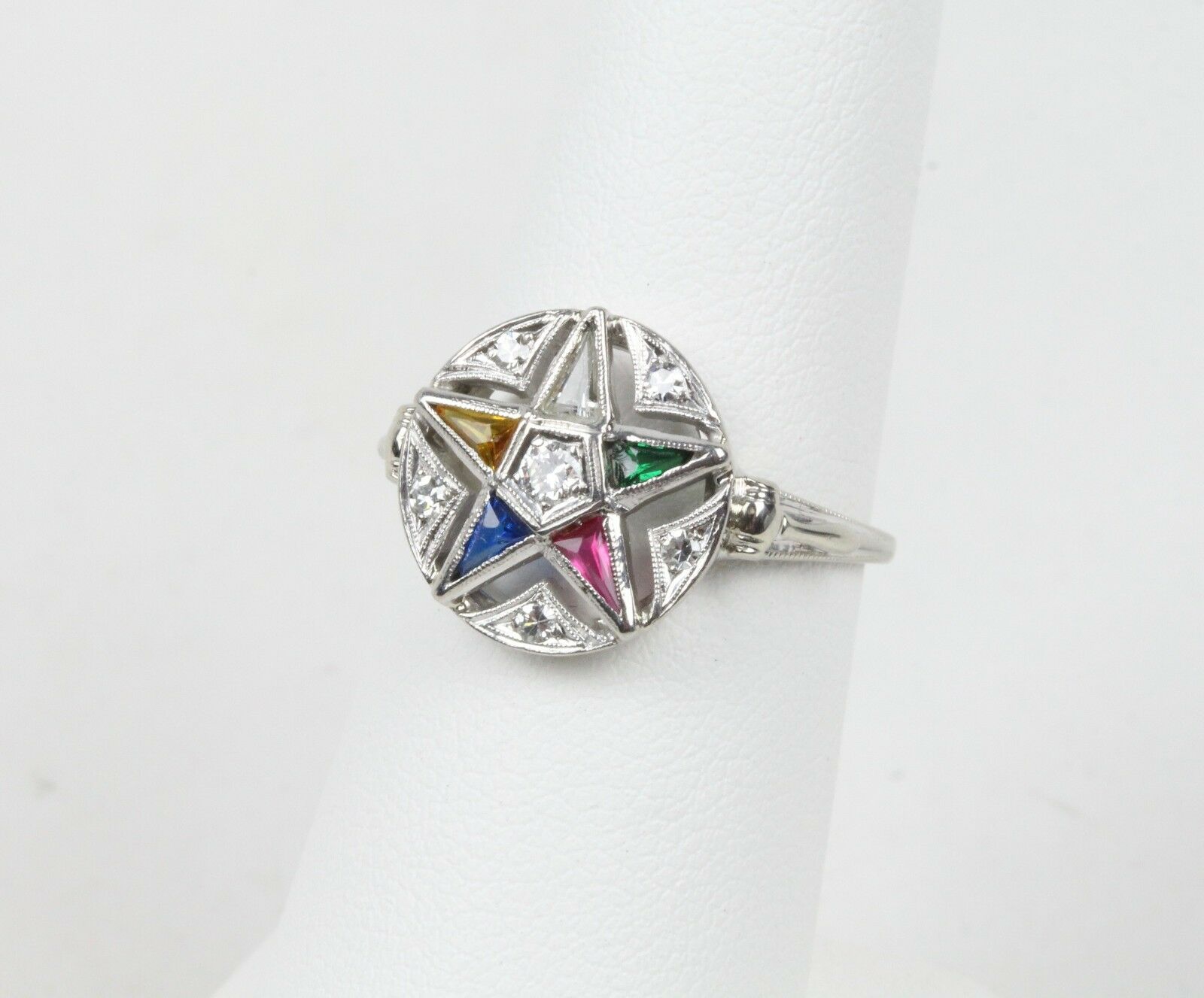 Art Deco Eastern Star 14K White Gold Diamonds Ruby Emerald Sapphire Topaz Ring