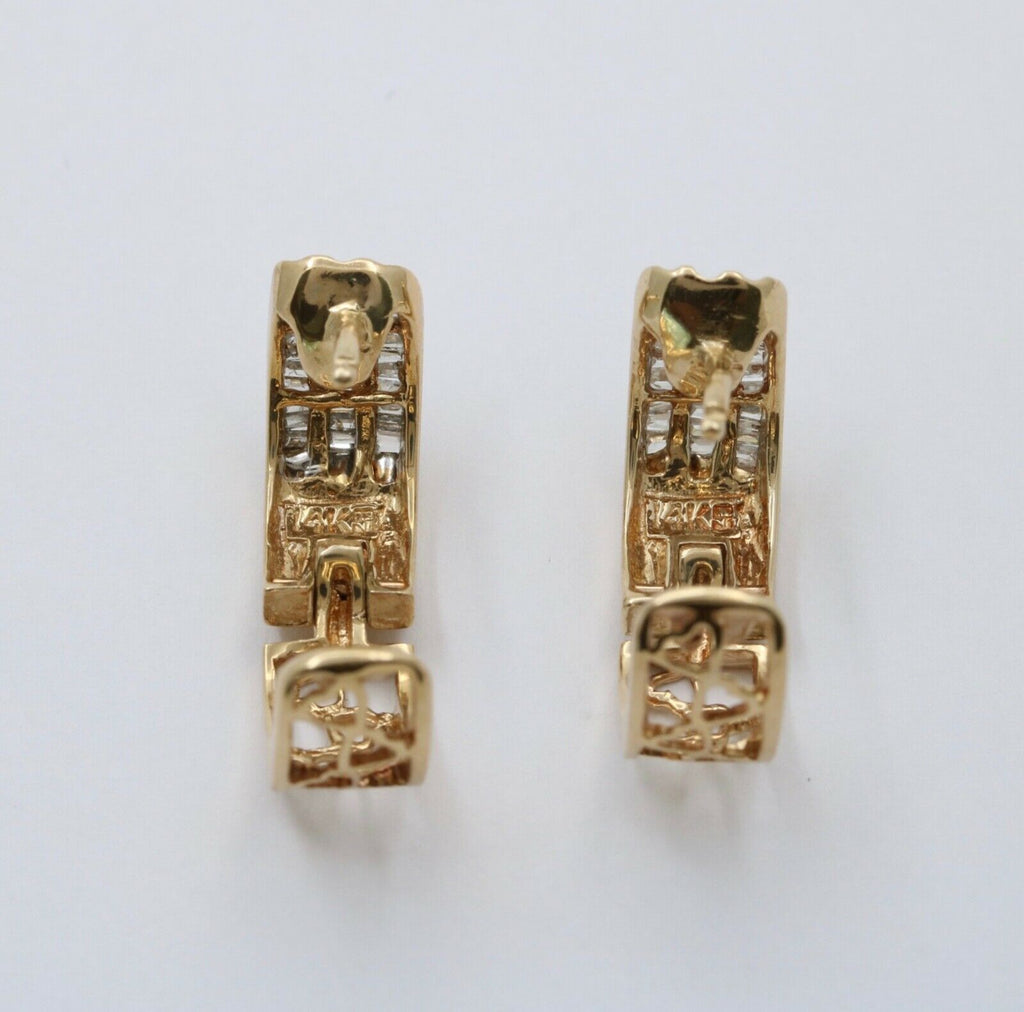 Vintage Hearts Diamonds 14K Yellow Gold Huggie Earrings