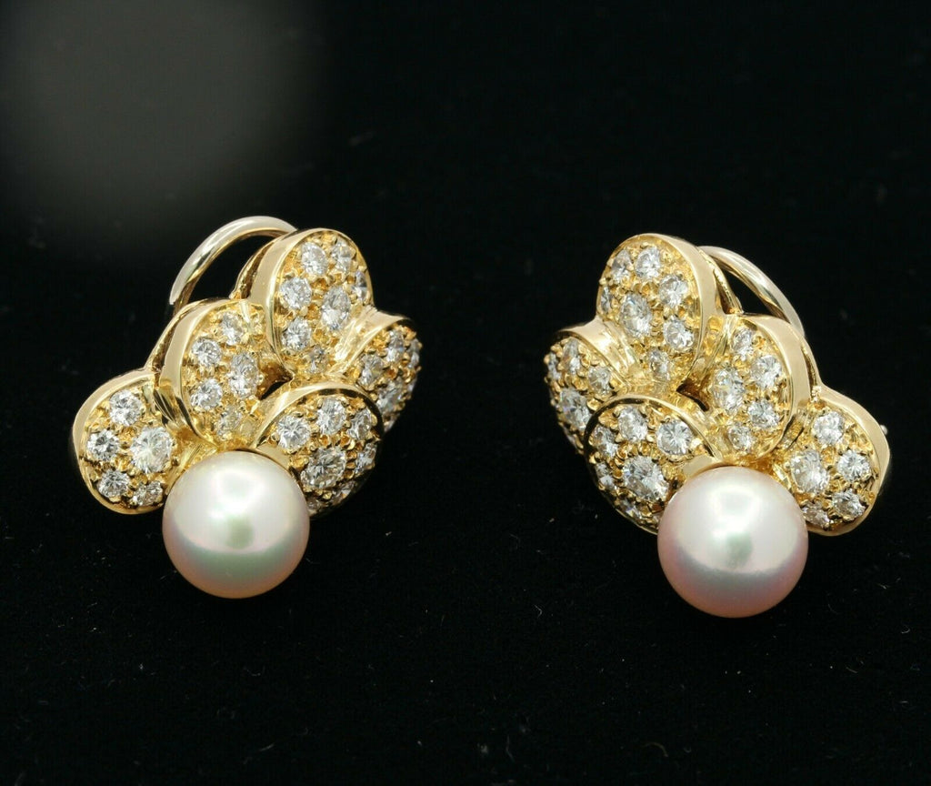 Vintage 14K Yellow Gold 9mm Akoya Pearl Diamond Clip on Earrings