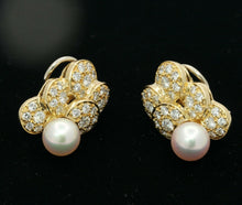 Load image into Gallery viewer, Vintage 14K Yellow Gold 9MM Akoya Pearl 3 Cts Diamond Omega Back No Pierce Earri
