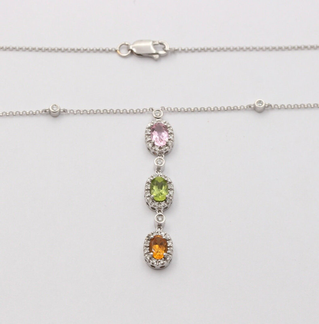 Classic 14K Gold Three Stones Multi Color Stone, Diamond Drop Pendant. Necklace.