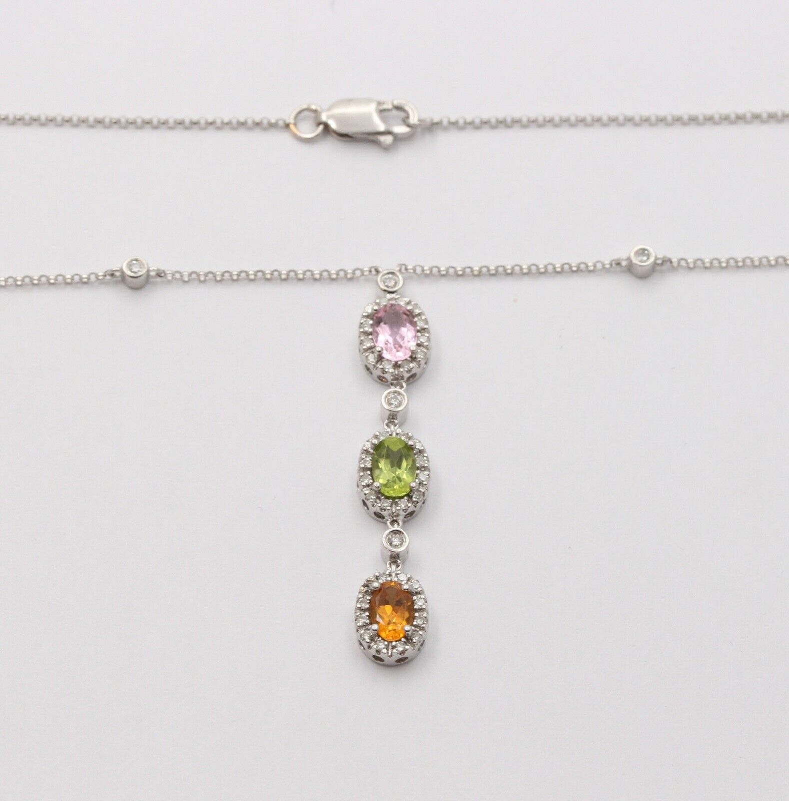 Classic 14K Gold Three Stones Multi Color Stone, Diamond Drop Pendant. Necklace.