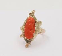 Load image into Gallery viewer, Victorian 14K Yellow Gold Carved Coral Woman’s Portrait Ring Antique Ring
