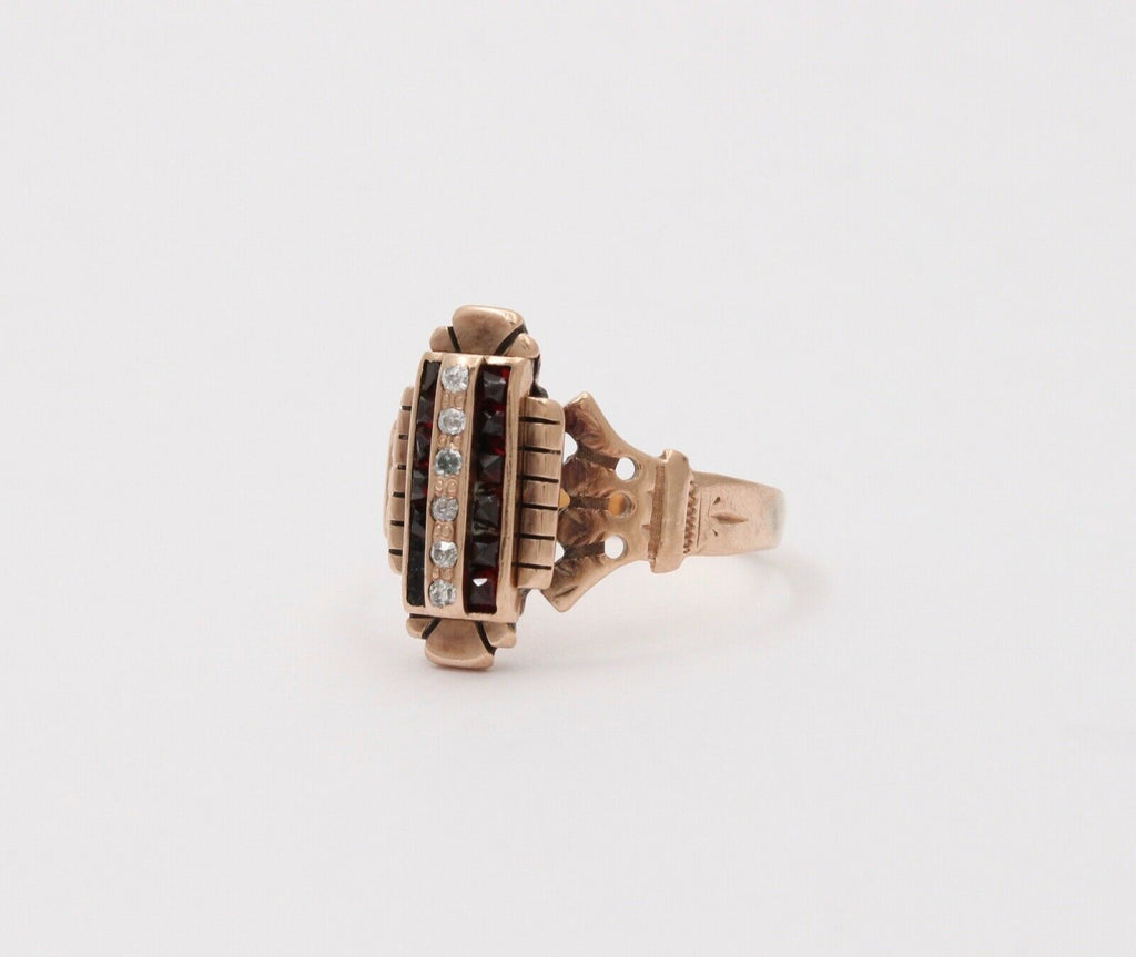 Art Deco Diamonds Garnets 14K Rose Gold Ring