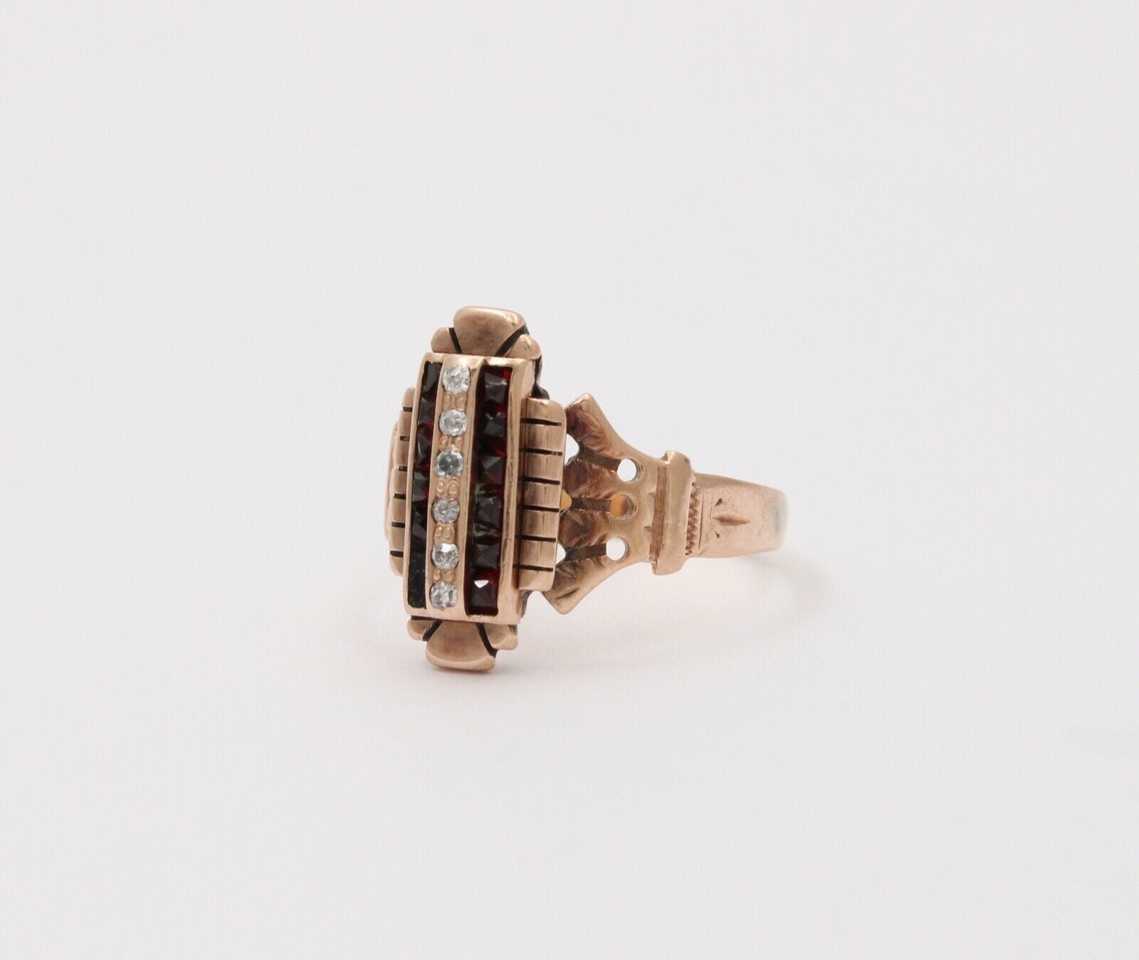 Art Deco Diamonds Garnets 14K Rose Gold Ring