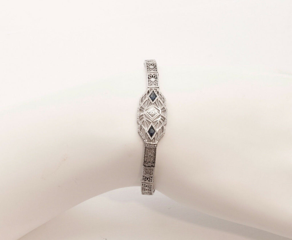 Art Deco Diamond Blue Sapphire 14K White Gold Filagree Bracelet